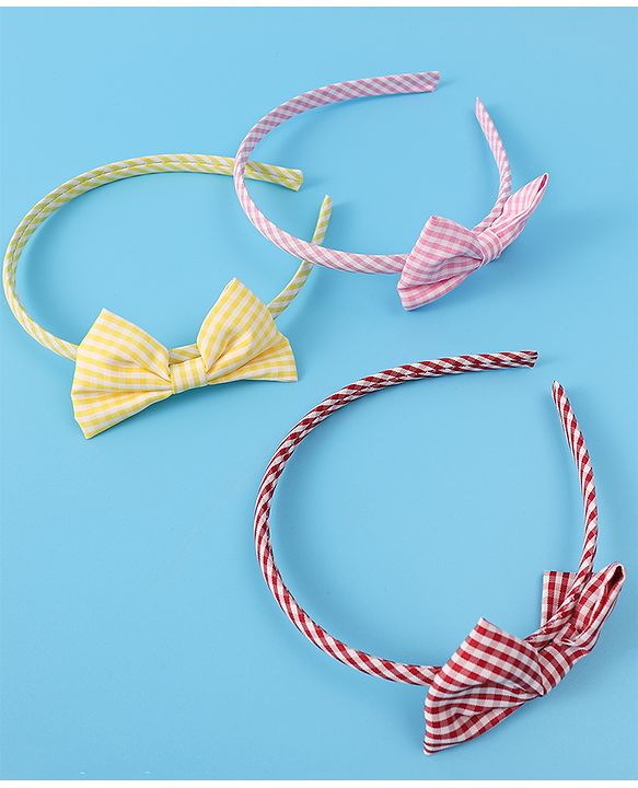 Pine Kids Hair Bands Bow Applique with Checks Free Size Pack of 3 - Red Pink & Yellow
