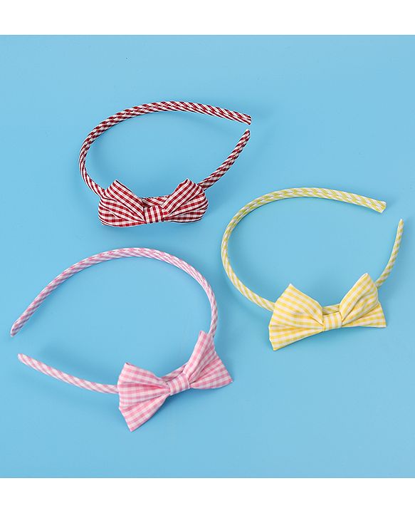 Pine Kids Hair Bands Bow Applique with Checks Free Size Pack of 3 - Red Pink & Yellow