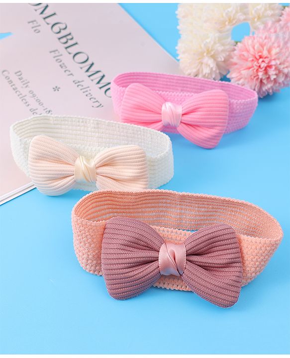 Babyhug Free Size Headbands With Bow Applique Pack of 3 - Pink & White