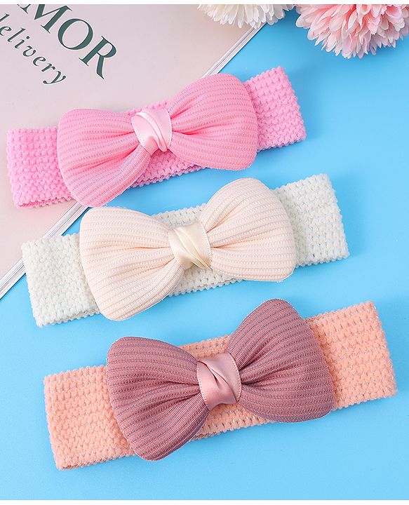 Babyhug Free Size Headbands With Bow Applique Pack of 3 - Pink & White
