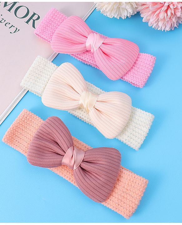 Babyhug Free Size Headbands With Bow Applique Pack of 3 - Pink & White