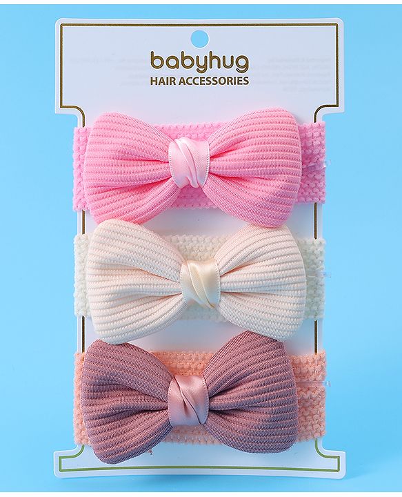 Babyhug Free Size Headbands With Bow Applique Pack of 3 - Pink & White
