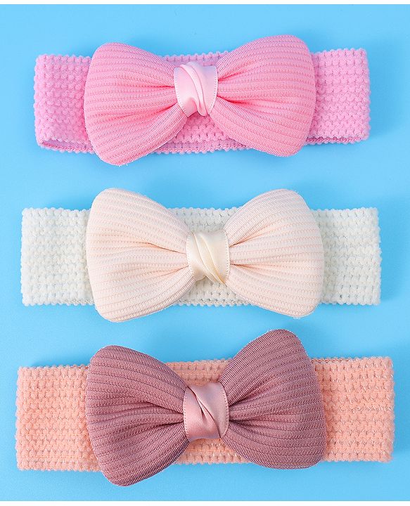 Babyhug Free Size Headbands With Bow Applique Pack of 3 - Pink & White