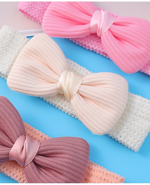 Babyhug Free Size Headbands With Bow Applique Pack of 3 - Pink & White