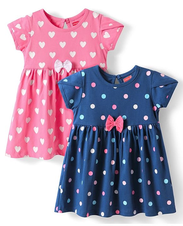 Babyhug Single Jersey Knit Half Sleeves Heart & Polka Dots Printed Frocks with Bow Applique Pack of 2 - Pink & Blue