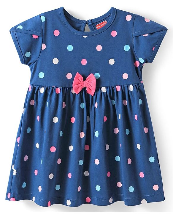 Babyhug Single Jersey Knit Half Sleeves Heart & Polka Dots Printed Frocks with Bow Applique Pack of 2 - Pink & Blue