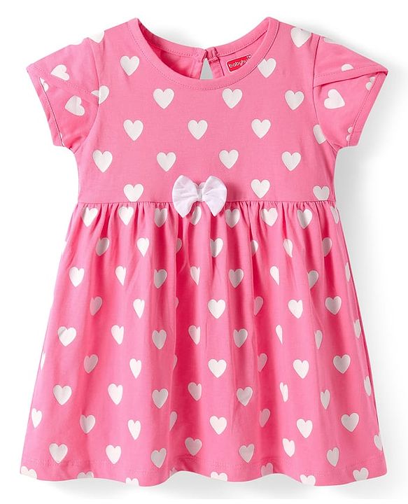 Babyhug Single Jersey Knit Half Sleeves Heart & Polka Dots Printed Frocks with Bow Applique Pack of 2 - Pink & Blue