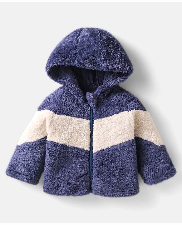 Babyhug Woven Full Sleeves Hooded Fur Winter Wear Suit with Colour Block Design - Navy Blue