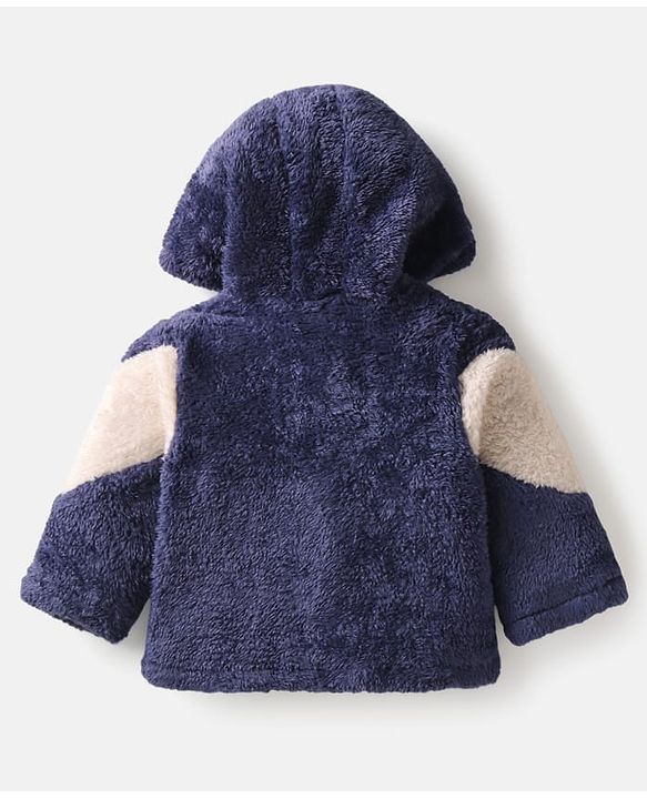 Babyhug Woven Full Sleeves Hooded Fur Winter Wear Suit with Colour Block Design - Navy Blue