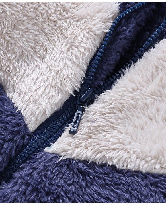 Babyhug Woven Full Sleeves Hooded Fur Winter Wear Suit with Colour Block Design - Navy Blue