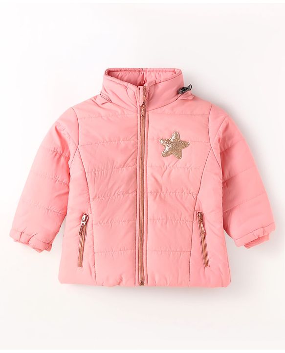 Babyhug Woven Full Sleeves Hooded Padded Jacket With Star Applique & Removable Hood - Pink