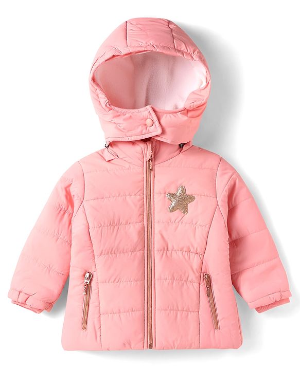 Babyhug Woven Full Sleeves Hooded Padded Jacket With Star Applique & Removable Hood - Pink