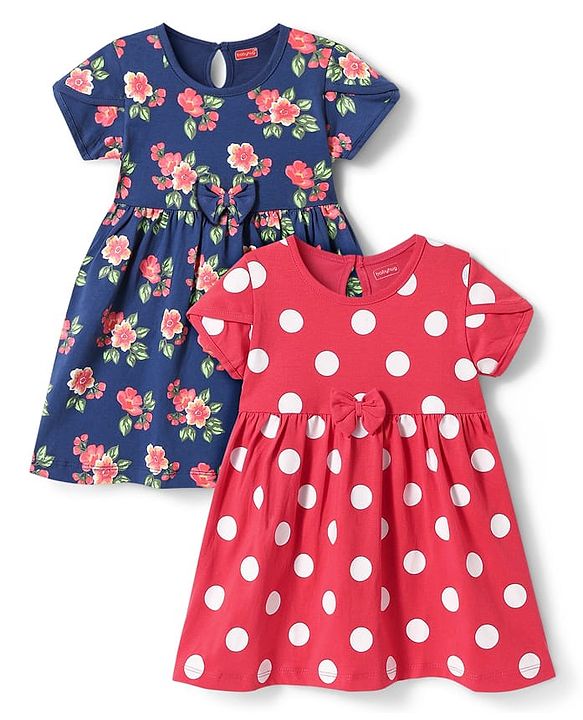 Babyhug Single Jersey Knit Half Sleeves Floral & Polka Dots Printed Frocks with Bow Applique Pack of 2 - Red & Navy Blue