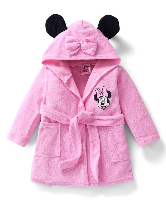 Babyhug Disney Terry Woven Full Sleeve Hooded Bath Robe With Minnie Mouse Graphic & 3D Applique - Pink
