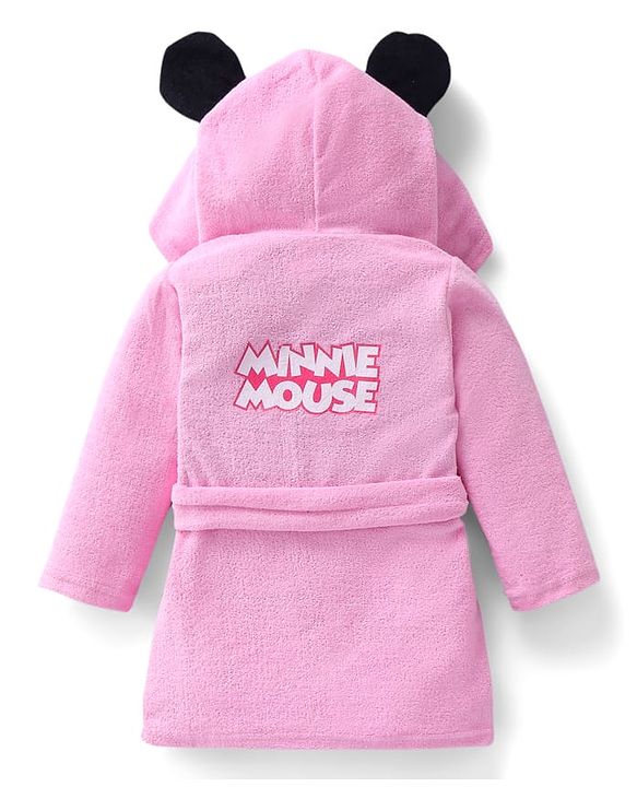 Babyhug Disney Terry Woven Full Sleeve Hooded Bath Robe With Minnie Mouse Graphic & 3D Applique - Pink