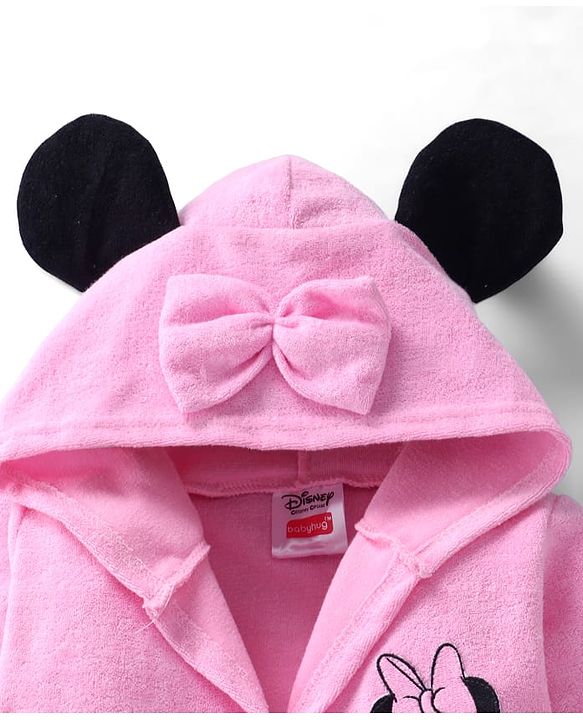 Babyhug Disney Terry Woven Full Sleeve Hooded Bath Robe With Minnie Mouse Graphic & 3D Applique - Pink