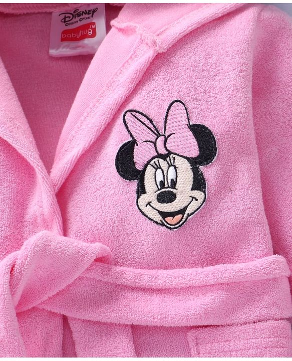 Babyhug Disney Terry Woven Full Sleeve Hooded Bath Robe With Minnie Mouse Graphic & 3D Applique - Pink