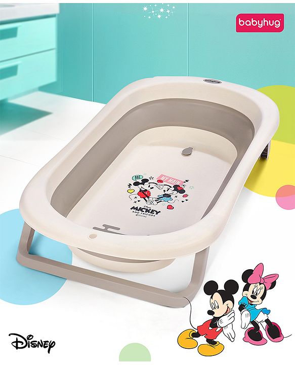 Babyhug Disney Foldable Baby Bathtub with Heat Sensitive Drain Plug & Mickey & Friends Graphics - White