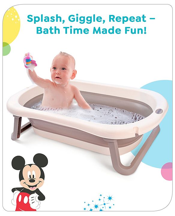 Babyhug Disney Foldable Baby Bathtub with Heat Sensitive Drain Plug & Mickey & Friends Graphics - White