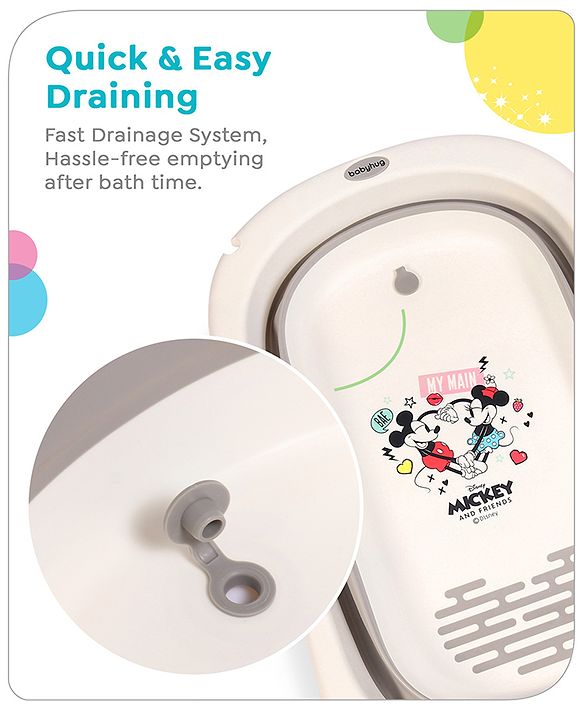 Babyhug Disney Foldable Baby Bathtub with Heat Sensitive Drain Plug & Mickey & Friends Graphics - White