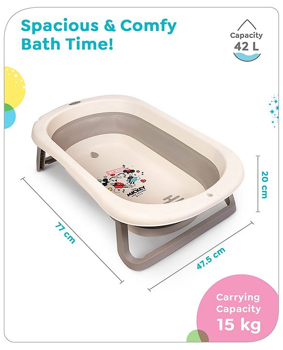 Babyhug Disney Foldable Baby Bathtub with Heat Sensitive Drain Plug & Mickey & Friends Graphics - White