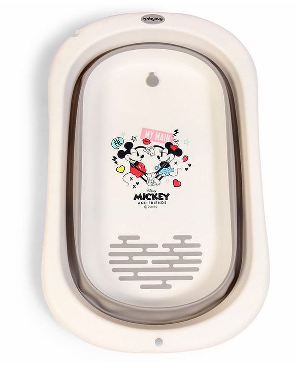 Babyhug Disney Foldable Baby Bathtub with Heat Sensitive Drain Plug & Mickey & Friends Graphics - White