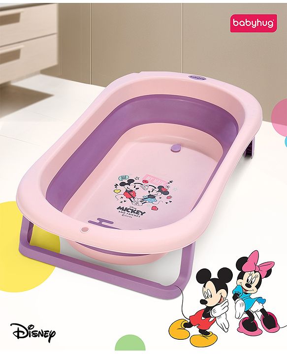 Babyhug Disney Foldable Baby Bathtub with Heat Sensitive Drain Plug & Mickey & Friends Graphics - White