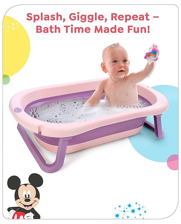 Babyhug Disney Foldable Baby Bathtub with Heat Sensitive Drain Plug & Mickey & Friends Graphics - White