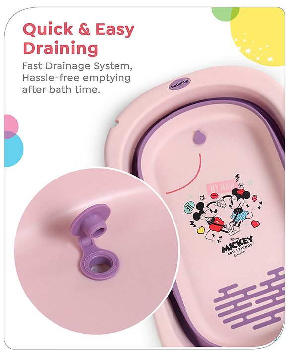 Babyhug Disney Foldable Baby Bathtub with Heat Sensitive Drain Plug & Mickey & Friends Graphics - White