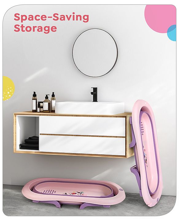 Babyhug Disney Foldable Baby Bathtub with Heat Sensitive Drain Plug & Mickey & Friends Graphics - White