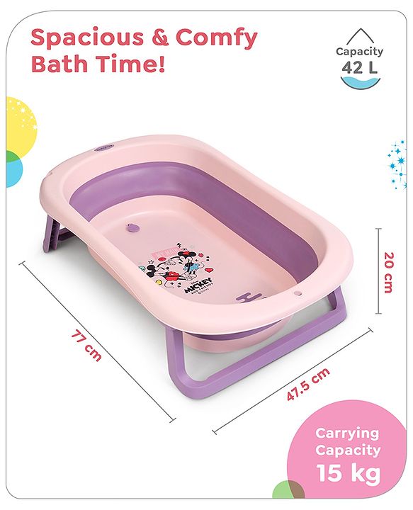 Babyhug Disney Foldable Baby Bathtub with Heat Sensitive Drain Plug & Mickey & Friends Graphics - White
