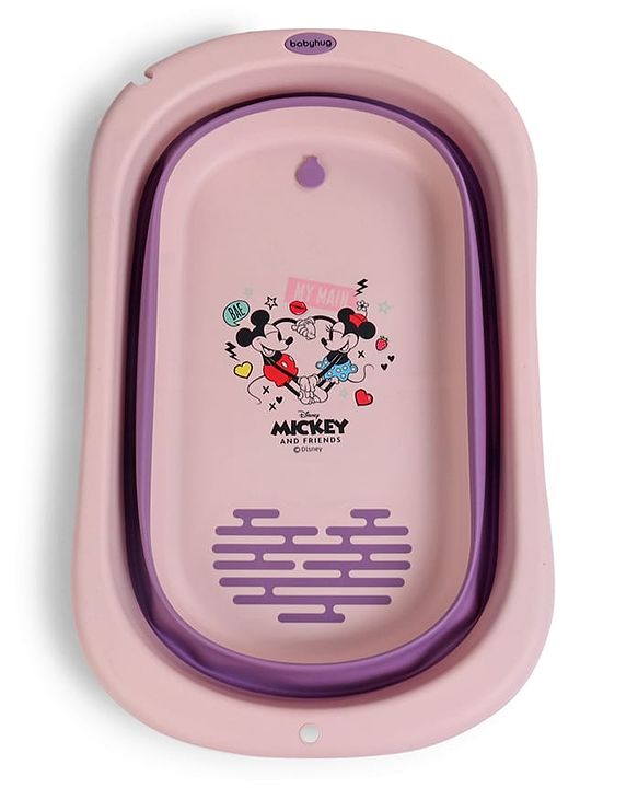 Babyhug Disney Foldable Baby Bathtub with Heat Sensitive Drain Plug & Mickey & Friends Graphics - White