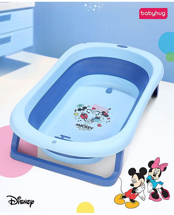 Babyhug Disney Foldable Baby Bathtub with Heat Sensitive Drain Plug & Mickey & Friends Graphics - White