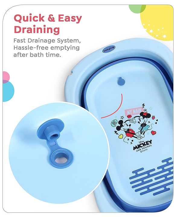 Babyhug Disney Foldable Baby Bathtub with Heat Sensitive Drain Plug & Mickey & Friends Graphics - White