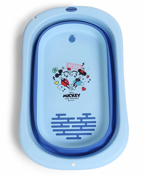 Babyhug Disney Foldable Baby Bathtub with Heat Sensitive Drain Plug & Mickey & Friends Graphics - White