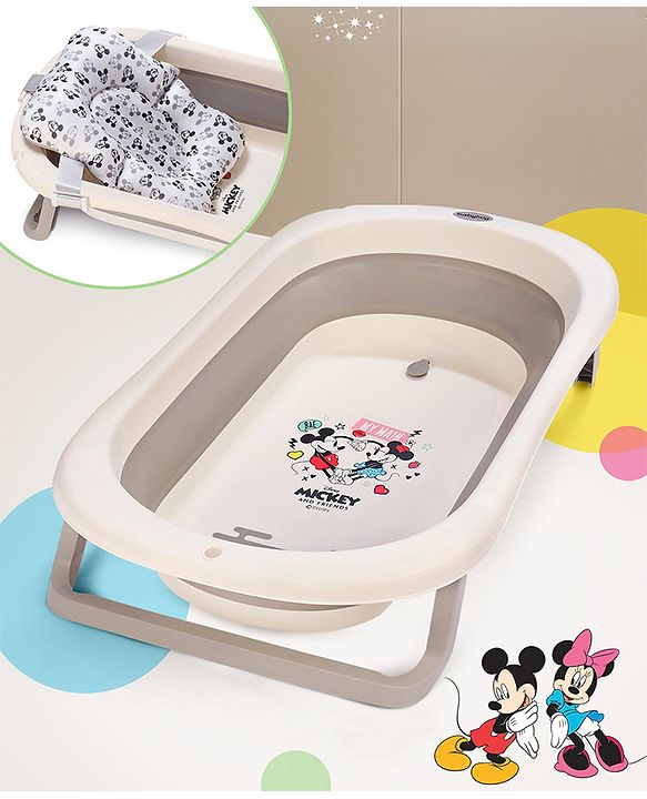 Babyhug Disney Foldable Baby Bathtub with Cushion & Mickey & Friends Graphics -White