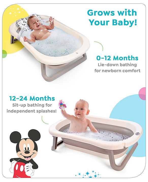 Babyhug Disney Foldable Baby Bathtub with Cushion & Mickey & Friends Graphics -White