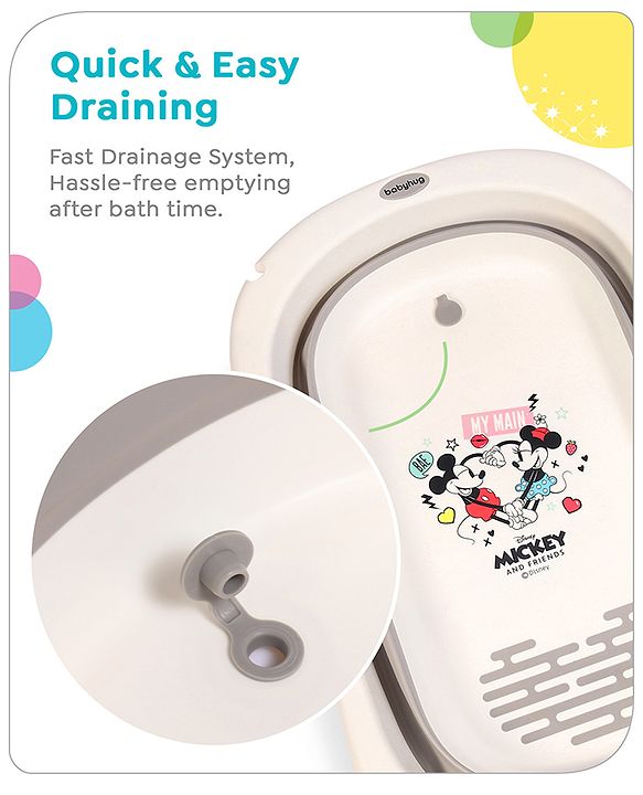 Babyhug Disney Foldable Baby Bathtub with Cushion & Mickey & Friends Graphics -White