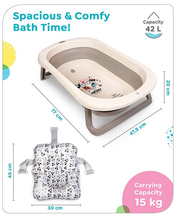 Babyhug Disney Foldable Baby Bathtub with Cushion & Mickey & Friends Graphics -White