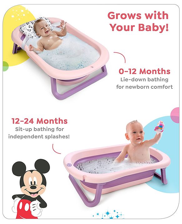 Babyhug Disney Foldable Baby Bathtub with Cushion & Mickey & Friends Graphics -White