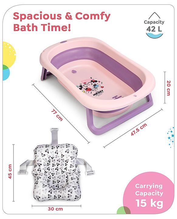 Babyhug Disney Foldable Baby Bathtub with Cushion & Mickey & Friends Graphics -White