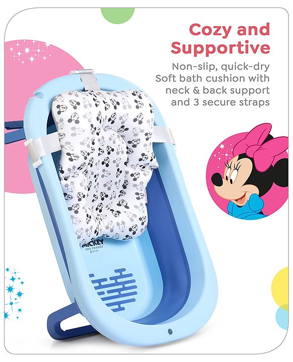Babyhug Disney Foldable Baby Bathtub with Cushion & Mickey & Friends Graphics -White