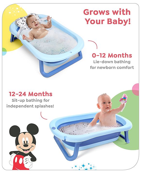 Babyhug Disney Foldable Baby Bathtub with Cushion & Mickey & Friends Graphics -White
