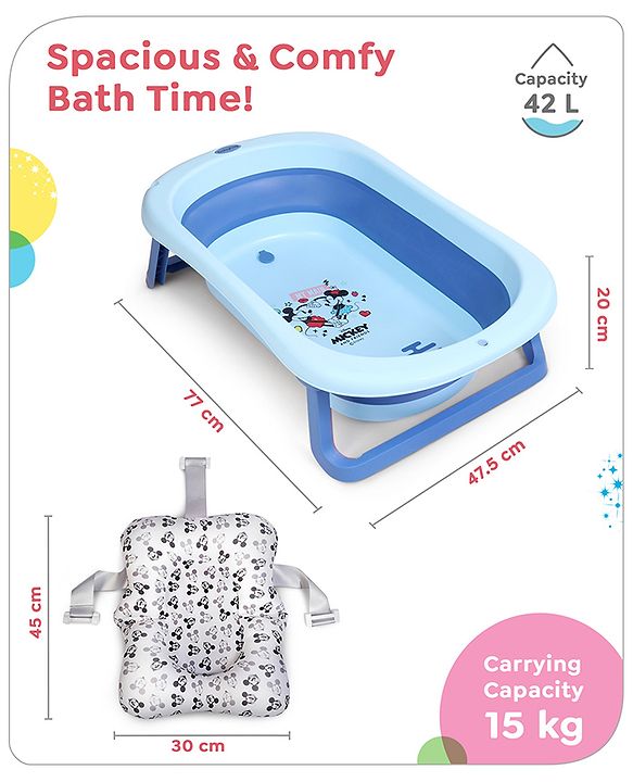 Babyhug Disney Foldable Baby Bathtub with Cushion & Mickey & Friends Graphics -White