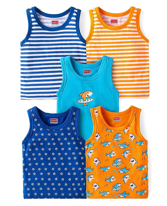 Babyhug 100% Cotton Knit Sleeveless Antibacterial Sando Striped Star & Shark Print Pack of 5 - Navy Orange & White