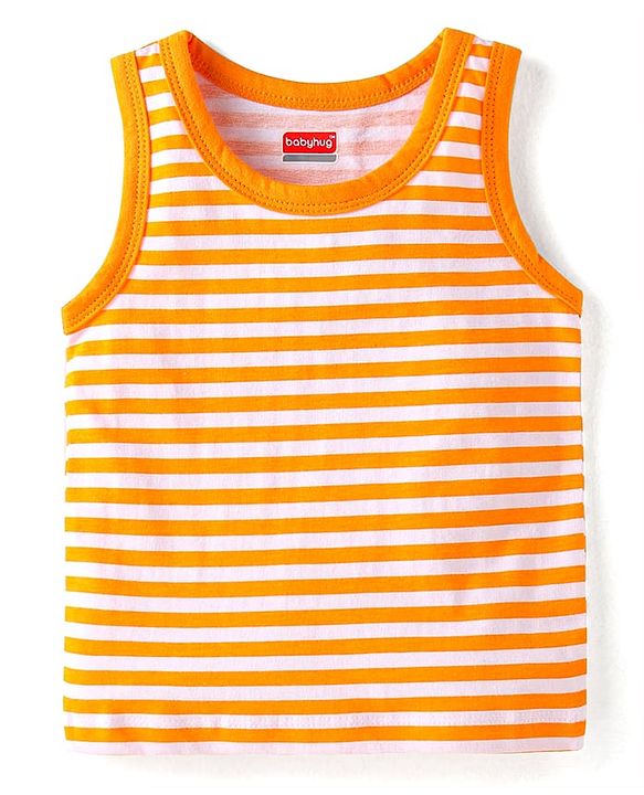 Babyhug 100% Cotton Knit Sleeveless Antibacterial Sando Striped Star & Shark Print Pack of 5 - Navy Orange & White