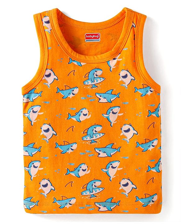 Babyhug 100% Cotton Knit Sleeveless Antibacterial Sando Striped Star & Shark Print Pack of 5 - Navy Orange & White