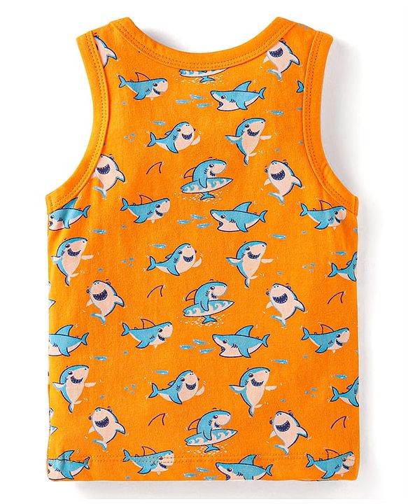 Babyhug 100% Cotton Knit Sleeveless Antibacterial Sando Striped Star & Shark Print Pack of 5 - Navy Orange & White