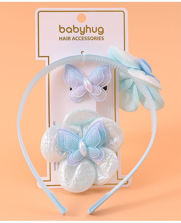 Babyhug Hair Accessories Combo Set Free Size with Floral Applique - Sky Blue