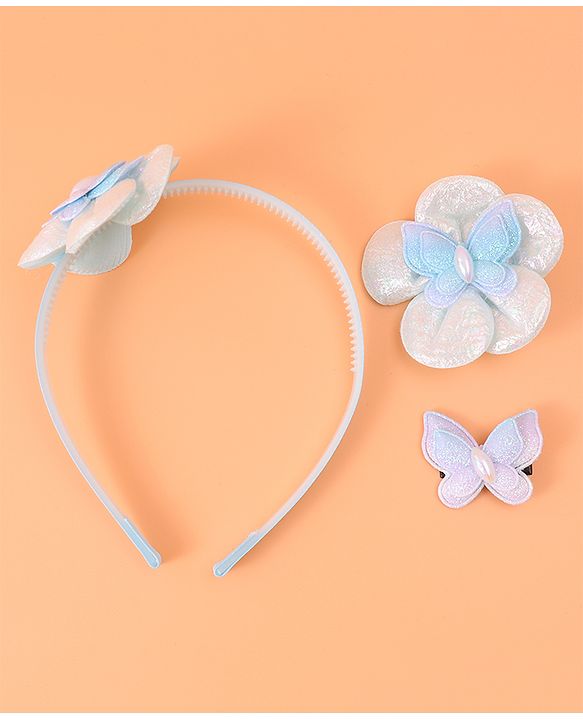 Babyhug Hair Accessories Combo Set Free Size with Floral Applique - Sky Blue